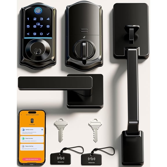 Veise VE017-D Fingerprint Smart Front Door Lock Set, Matte Black | 8-in-1 Keyless Entry, App Control, Fob Unlock, Auto Lock, Touchscreen Keypad, Deadbolt with Lever Handle, IP55 Weatherproof