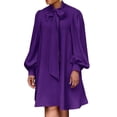 thumbnail image 5 of Women Loose Dress Lace-up Bow Neck Long Lantern Sleeves Solid Color Knee Length Formal OL Commute Midi Dress, 5 of 8