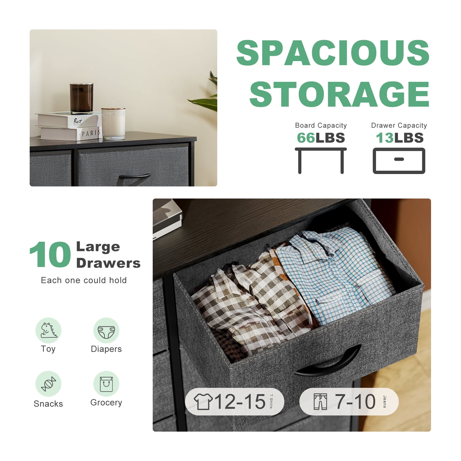 EDX Dresser for Bedroom with 10 Drawers, Tall Chest Organizer with Fabric Bins, Freestanding Storage Cabinet, Gray