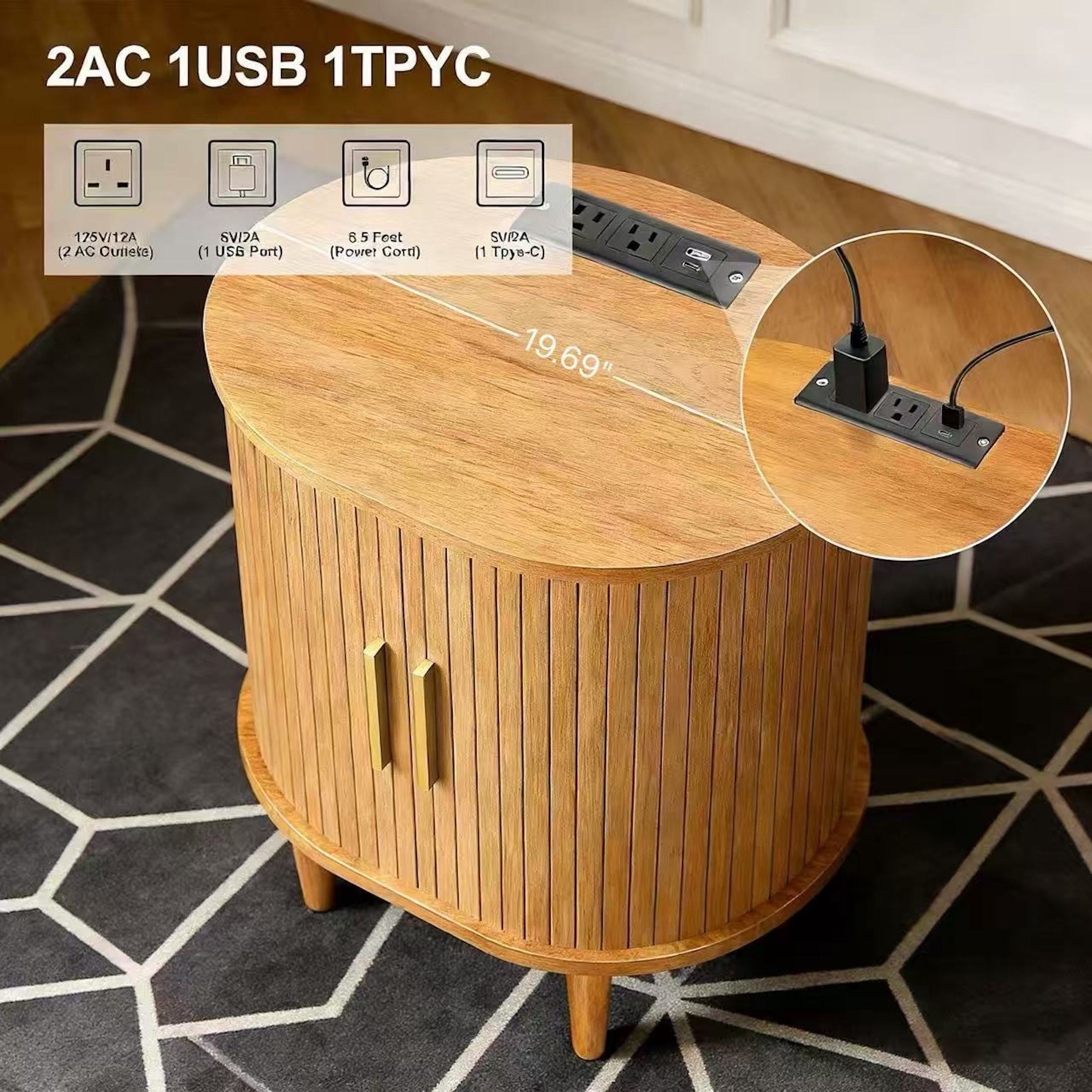 Aisword Nightstand with Charging Station, Fluted Accent Side Table with Sliding Door and Adjustable Shelf, End Table for Small Space, Yellow