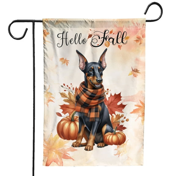 Hello Fall Doberman Pinscher Scarf Welcome Autumn with Leaves Pumpkins Garden Flag 12x18in Double Sided Doberman Dog Lover Gifts Outdoor Decor - 00011
