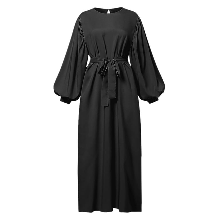 Njoeus Long Lantern Sleeve Maxi Dress for Women Casual Elegant Flowy Midi  Dress Crewneck High Waist Fall Winter Dresses with Belt - Walmart.com