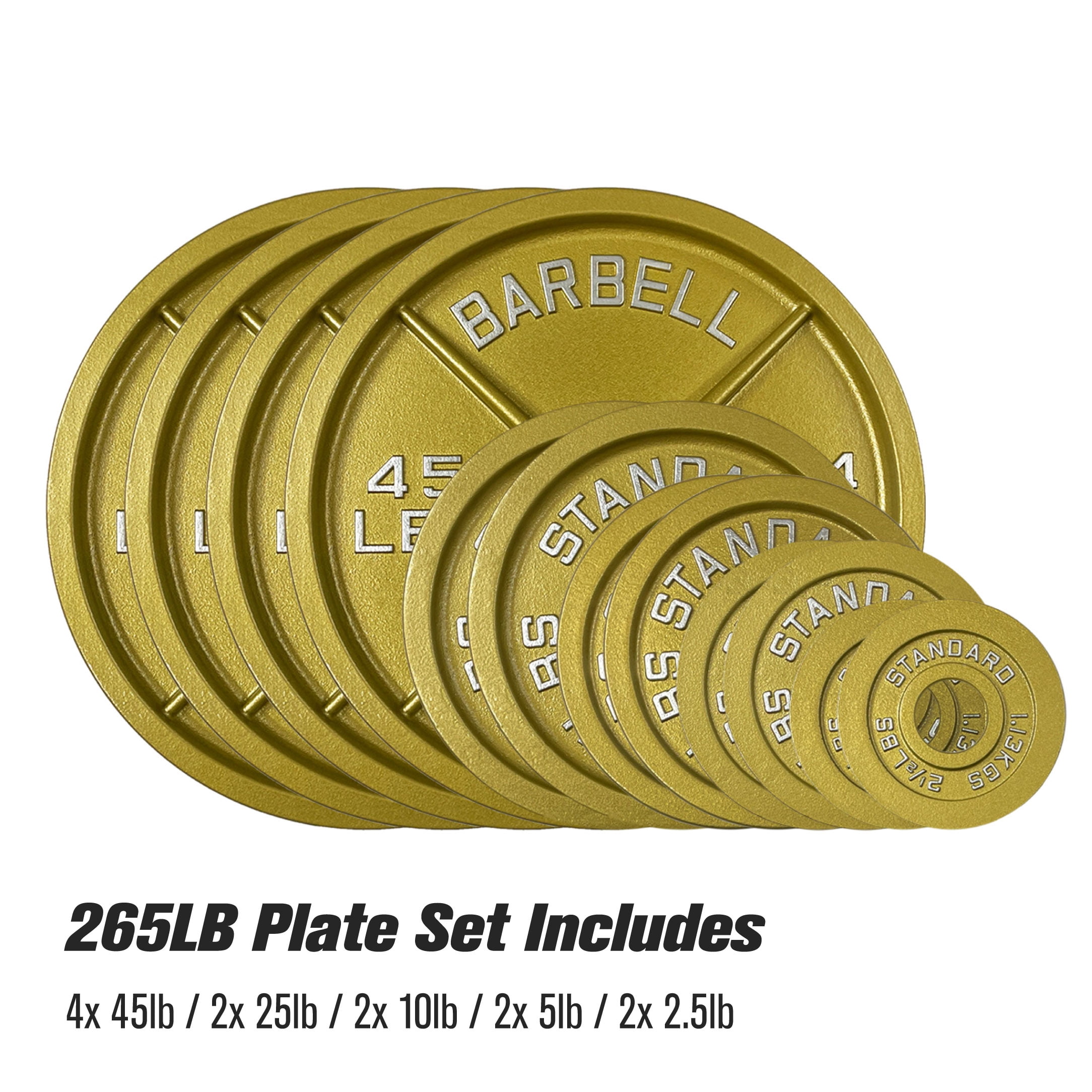 265LB Gold Olympic Steel Plate Set - 2 Inch Barbell Standard Weights in Premium Gold Finish