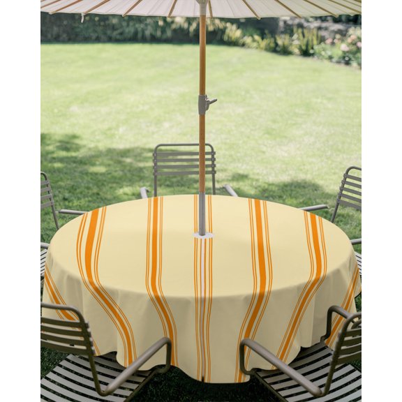 Outdoor Tablecloth with Umbrella Hole, Thanksgiving Yellow Orange Stripe Zippered Table Cloth for Square Tables, Modern Watercolor Lines Washable Waterproof Tablecloths for Picnic Patio Garden
