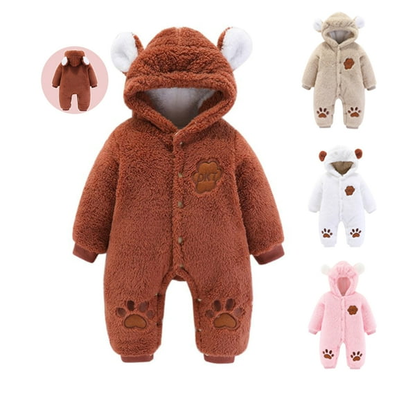 URMAGIC 0-18 Months Baby Boy Girl Fall And Winter Bodysuit Clothes Toddler Kids Fleece Hooded Romper Outerwear Cartoon Bear Print Snowsuit Thicken Warm Jacket