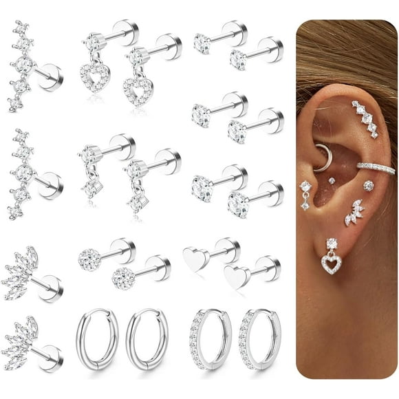 Hypoallergenic Flat Back Earrings for Women Cartilage Earrings Stacks-20G Surgical Stainless Steel Flatback Stud Hoop Earring Set Daith Conch Tragus Helix Piercing Jewelry