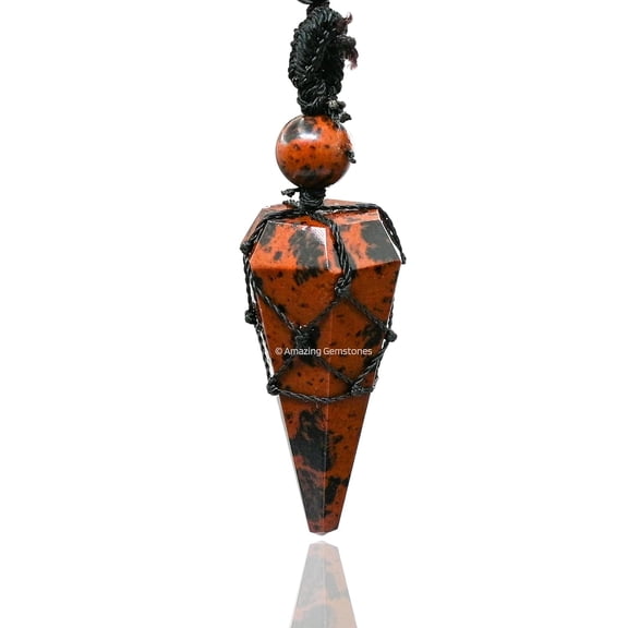 Mahogany Obsidian Crystal Stone Holder Necklace Pendulum, Unique Women Men Necklace (Black Macrame)