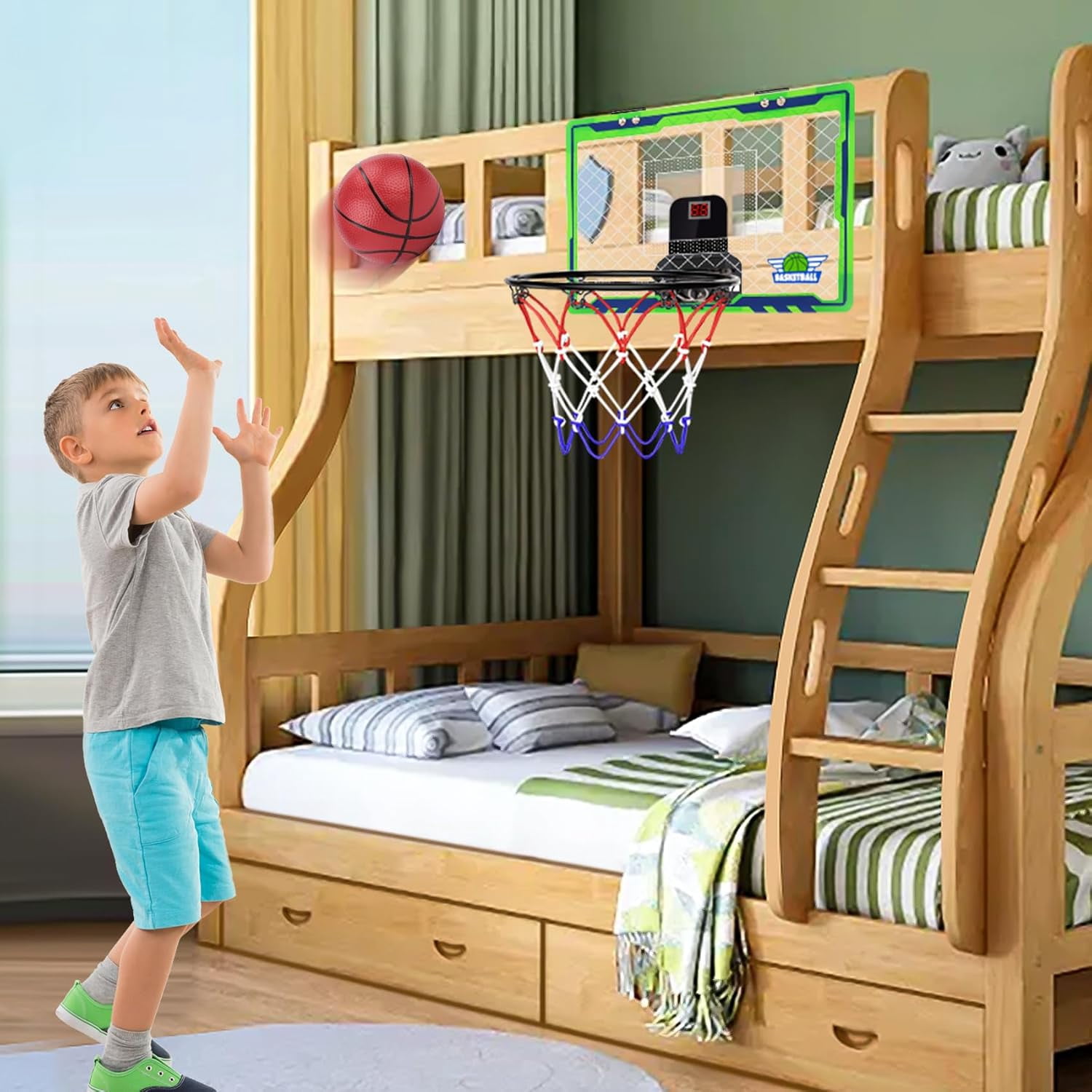 POCO DIVO Over The Door Basketball Hoop, Mini LED Lights 3-Mode Scoreboard, Kids Cheerful Game 2 Balls Set, Indoor Mounting Classic Sports, Boys Girls Room Toy Gift Adult Office Party Play, Green