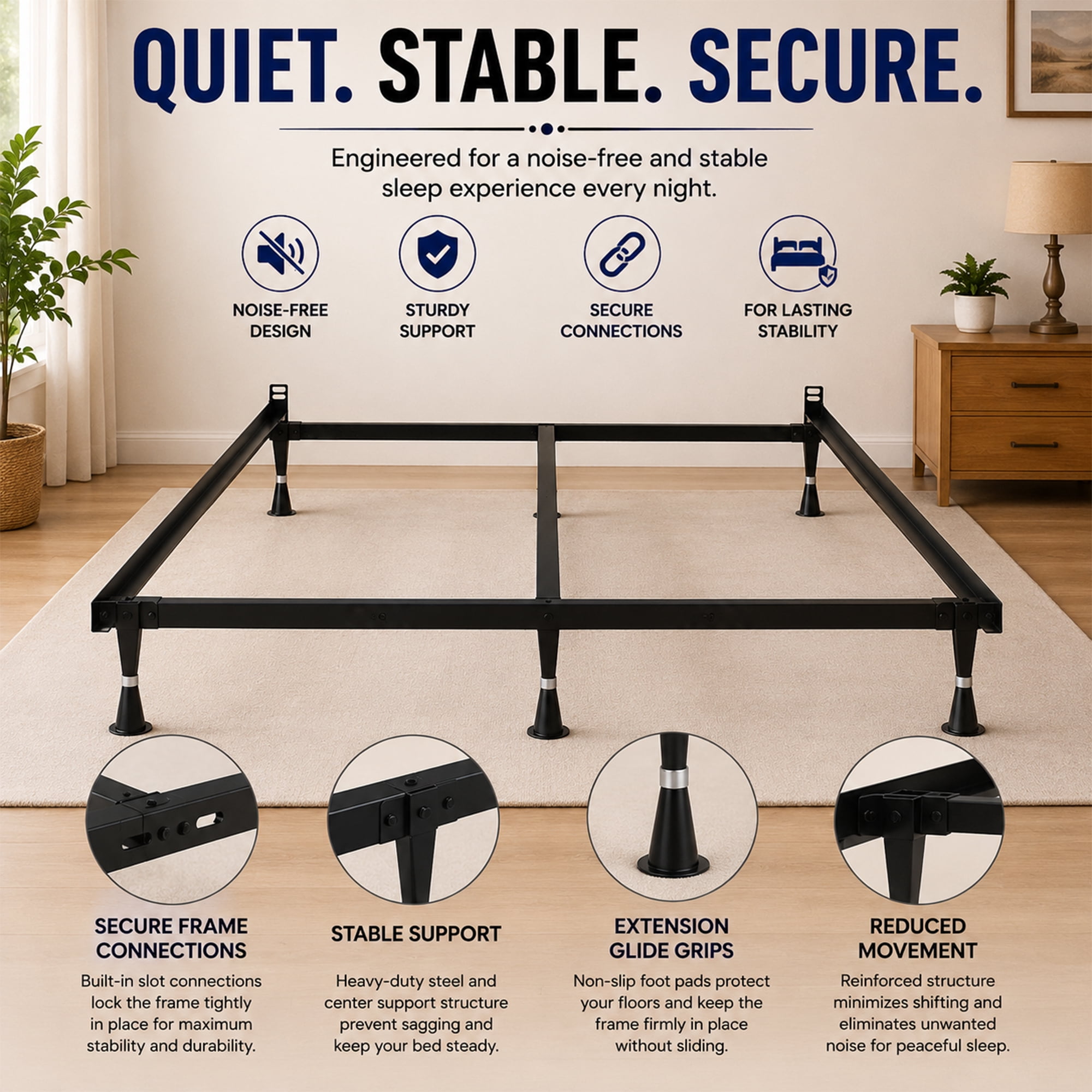 Continental Sleep, Advanced Metal Bed Frame for Box Spring and Mattress, Iron Center Support, Headboard Attachable, Noise-Free, Tool-Free Easy Assembly, 6-Legs Support, King, Black