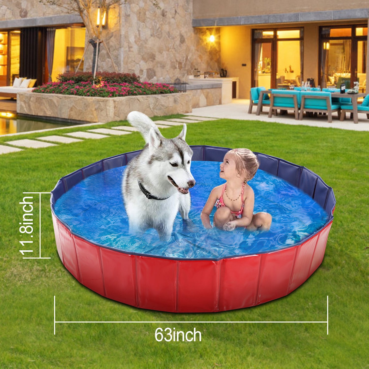 Moclever Foldable Dog Swimming Pool, 63in Kids Swimming Pool Outdoor Bathing Tub for Baby Pet, Red