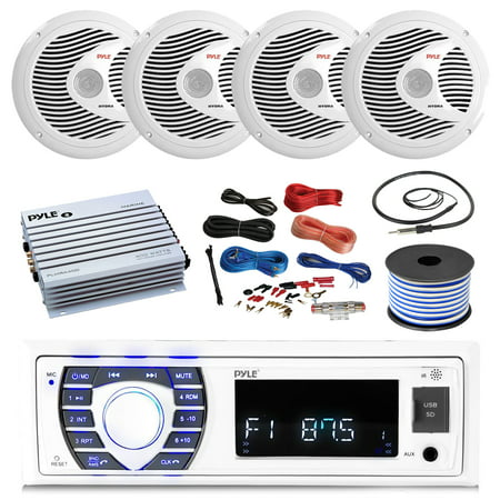 16-25' Bay Boat: Pyle Bluetooth Marine Stereo Receiver, 4 x Pyle 150W 6.5'' Marine Speakers (White), Pyle 4 Channel Waterproof Amplifier, Pyle Amp Install Kit, 18 Gauge 50 FT Speaker Wire,