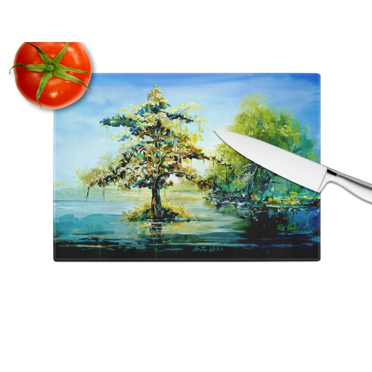 Cypress Tree in the Bayou Blue Glass Cutting Board 12 in x 15 in