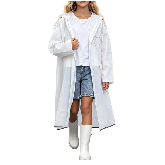 ATOGUTA Kids Hooded Raincoat Lightweight Raincoat Waterproof with Hood Protective Poncho Jacket Pockets White