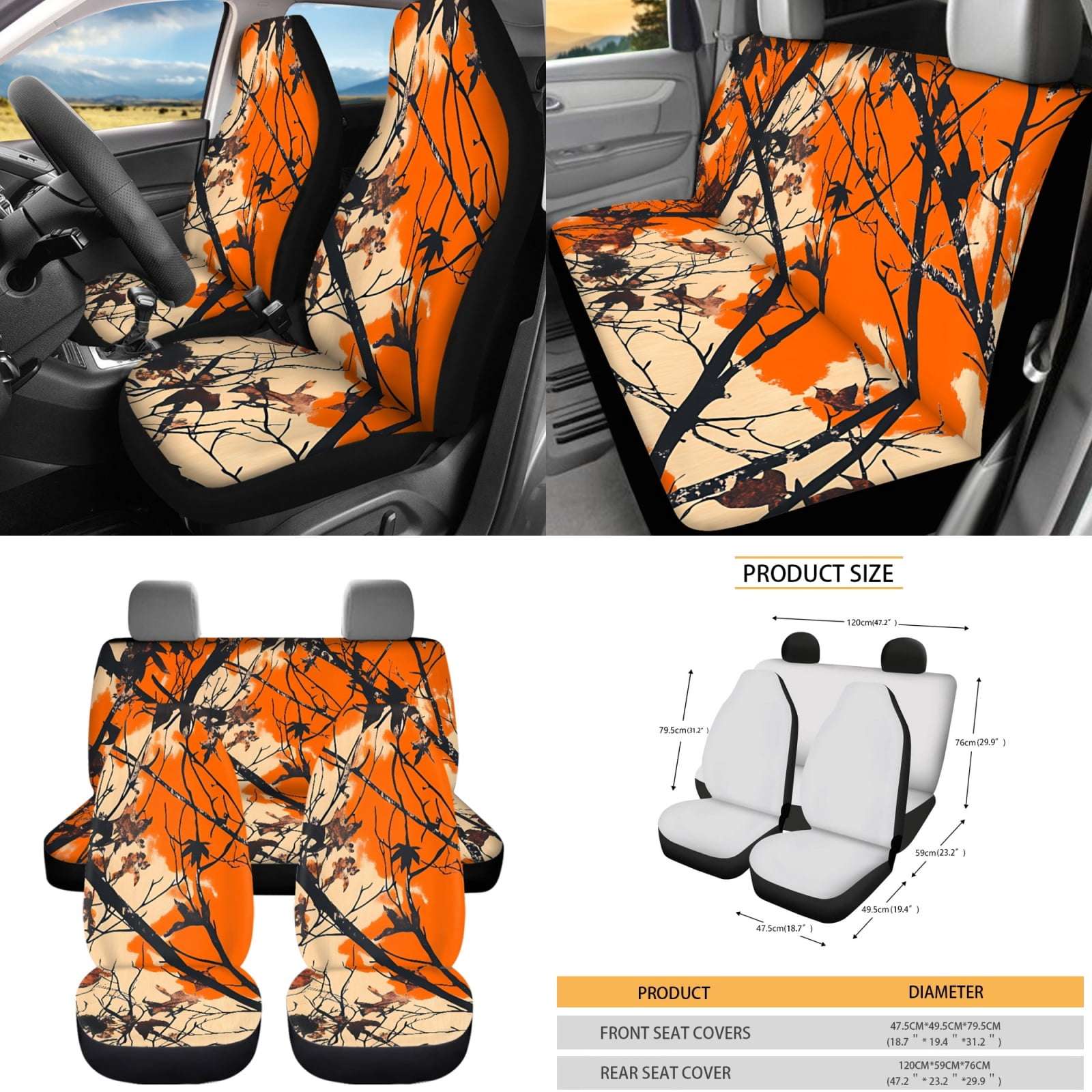 Yuyamidu Camo Hunting Car Seat Covers Full Set 12 PCS Orange Wood Steering Wheel Cover Seat Belt Strap Pads Cup Coasters Keychain Auto Decor