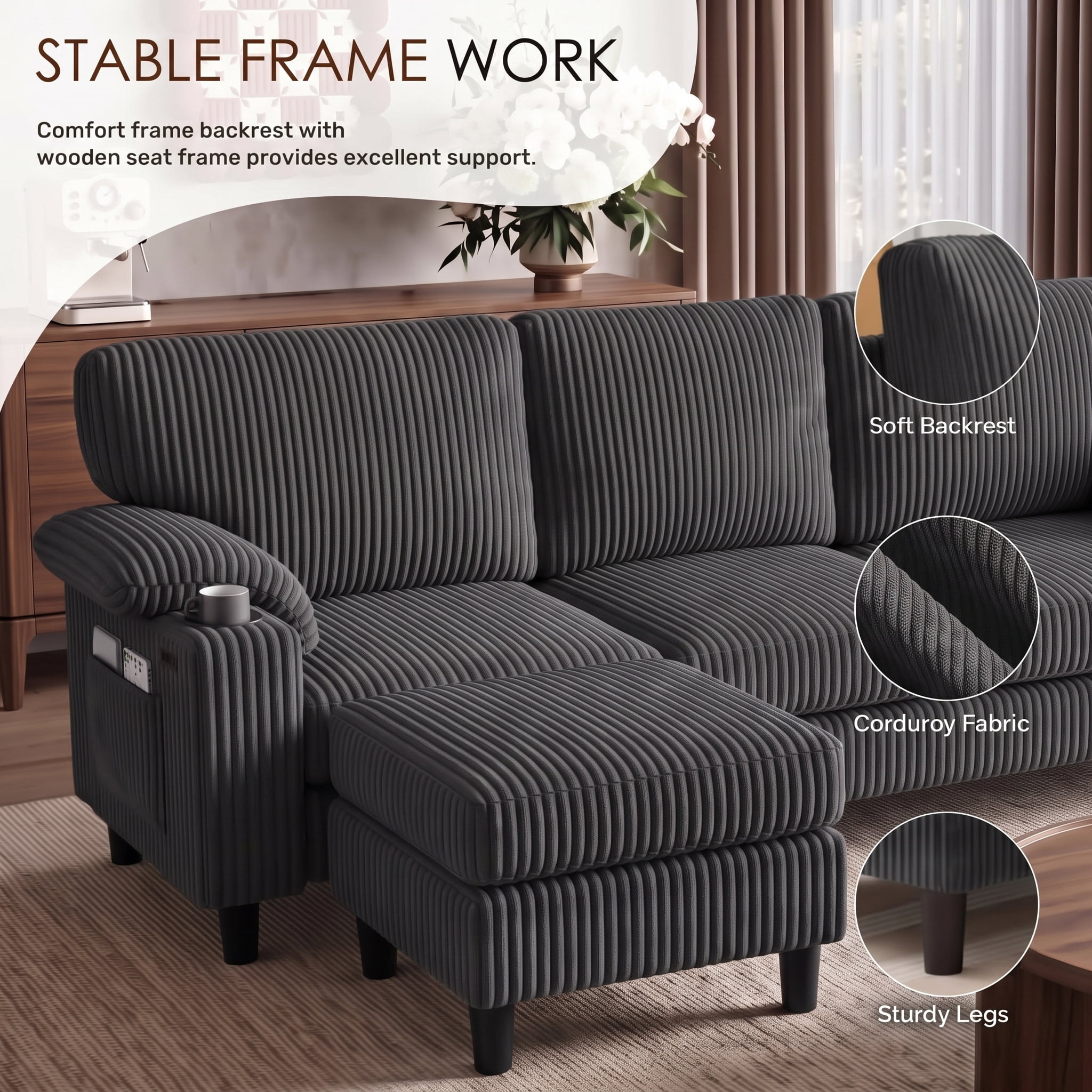 Xiweot 80" L Shaped Sectional Sofa, 3 Seater Convertible Couch with Storage Ottoman, Charging Ports & Cup Holders, Corduroy Comfy Upholstered Sofa for Living Room Apartment, Dark Gray