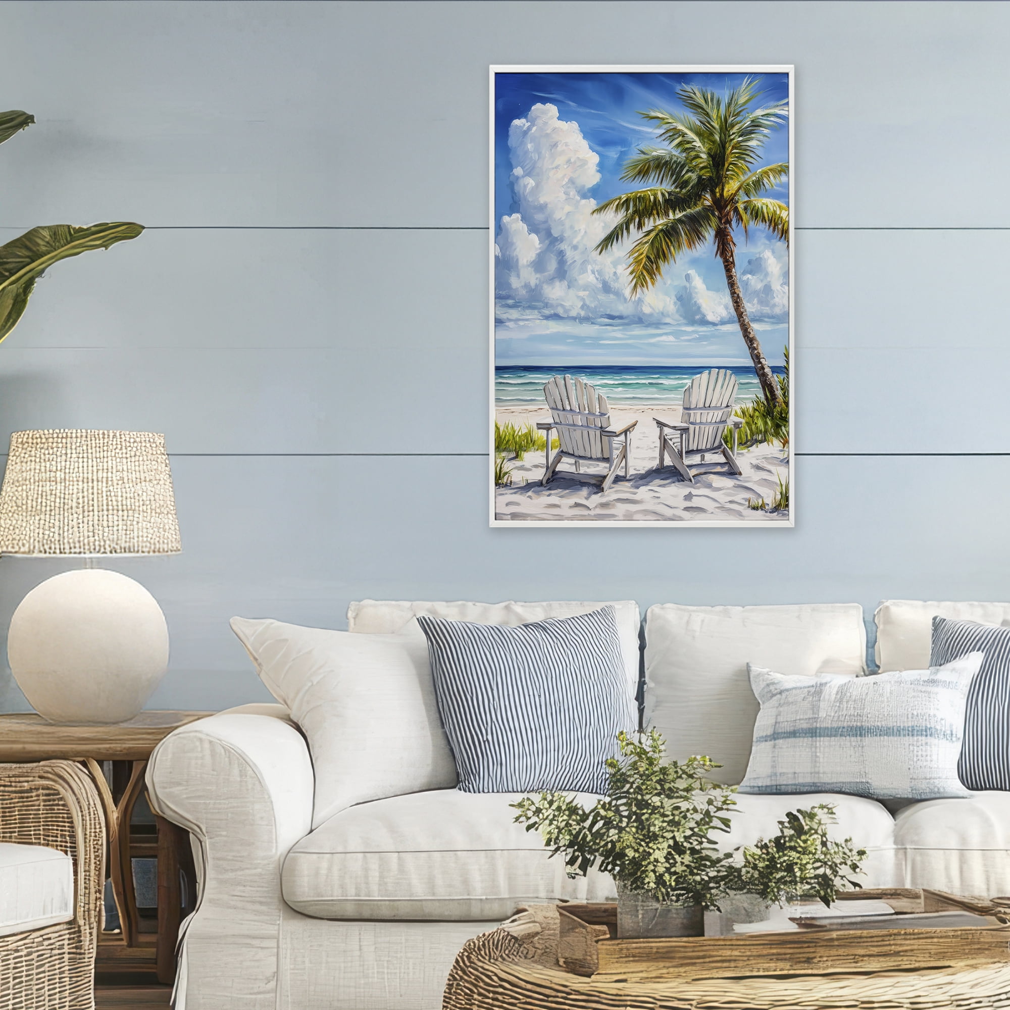 Stupell Industries Clouded Beach with Looming Palm White Framed Giclee Art, design by Petal Prints Design