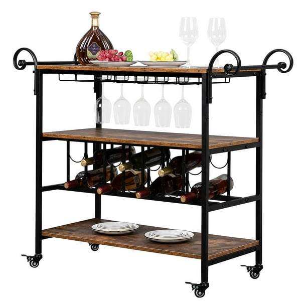 UBesGoo 3Tier Vintage Wood Kitchen Bar Cart Wine Rack Serving Trolley