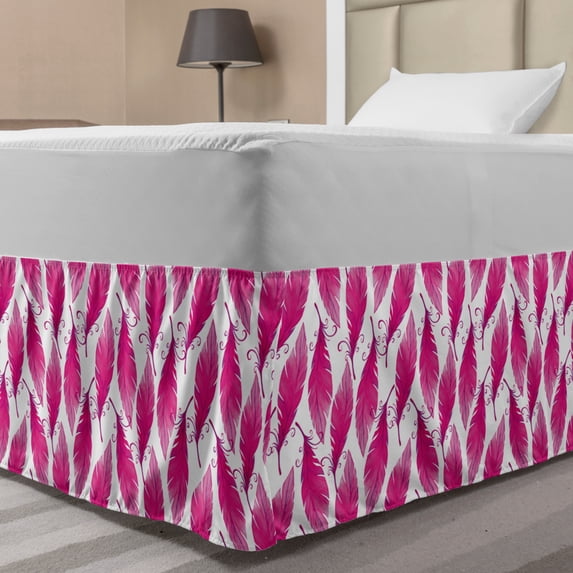 Feathers Bed Skirt, Romantic Silhouettes Ornamental Element Bird Feathers Demonstration, Elastic Bedskirt Dust Ruffle Wrap Around for Bedding Decor, 4 Sizes, Hot Pink and Baby Pink, by Ambesonne