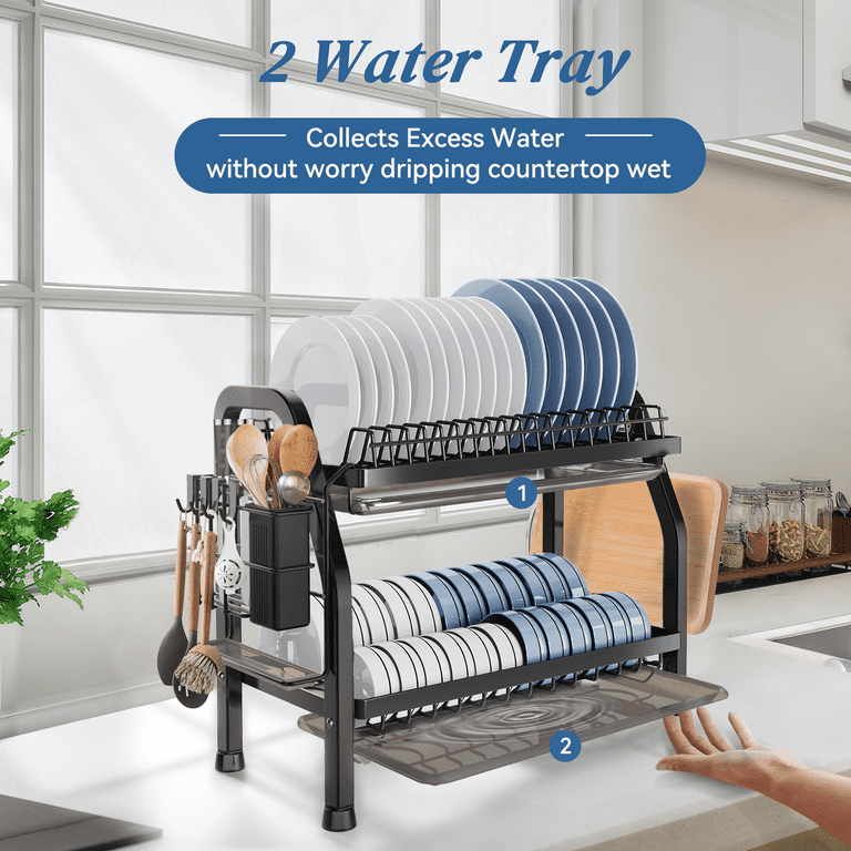 2 Tier Large Dish Rack and Drain Board Set for Kitchen Counter - Black