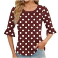 thumbnail image 2 of Women's Elbow-Length Ruffle Sleeve Top with Random Polka Dots and Stripe Detail, Round Neck Comfort T-Shirt for Casual Wear, 2 of 7