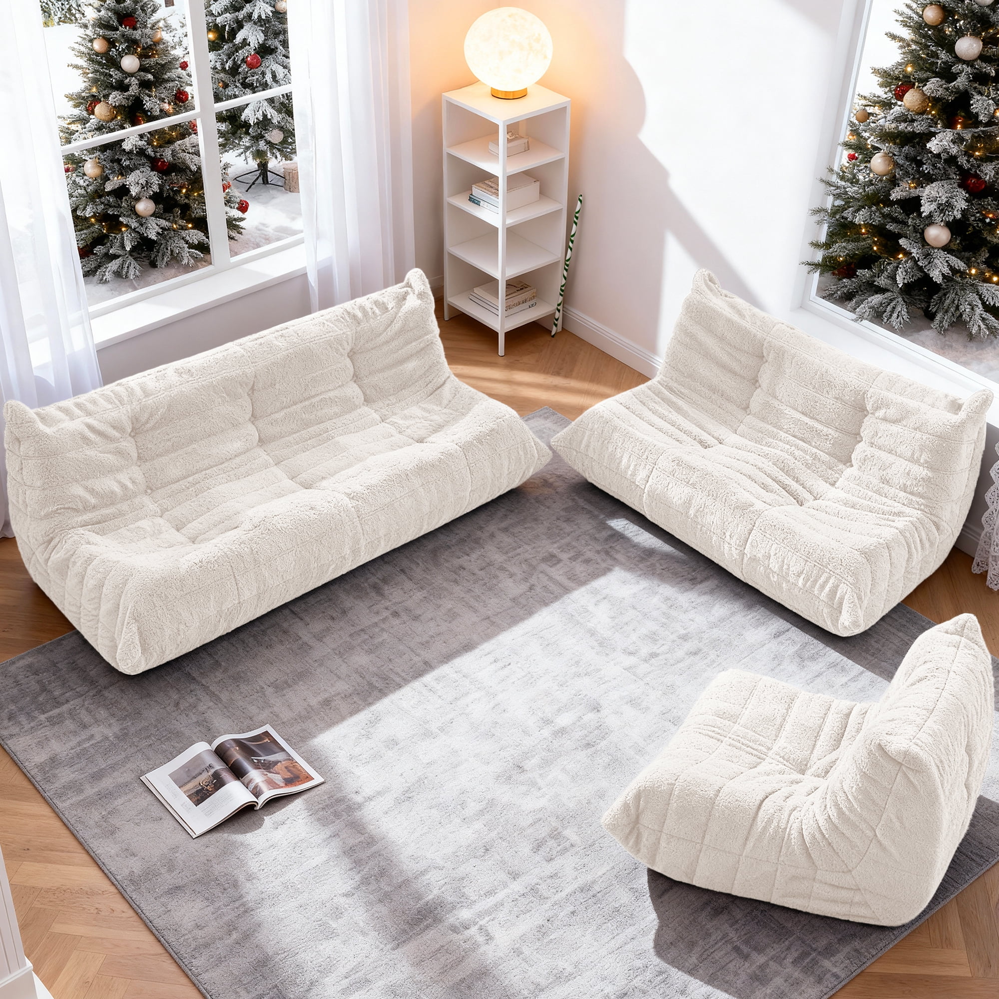 HARIPUL Bean Bag Loveseat Chair, Memory Foam Filled Teddy Fabric Sofa for Adults, Fireside Lounge Chair for Home, Apartment or Gaming Room, Beige