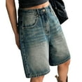 thumbnail image 3 of MIXUE Shorts For Women Summer Solid Color Retro Distressed Denim Loose Straight Leg 5 Pocket Hot Womens Shorts Holiday Wear,Blue,XXXL, 3 of 9