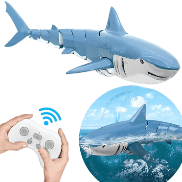 Lvelia 2.4Ghz Remote Control Shark Toys for Boys Girls,1:18 Scale High Simulation Shark for Pool, Electric RC Shark Fish Toys with Light & Spray Water Function for Kids Ages 6 ,Blue