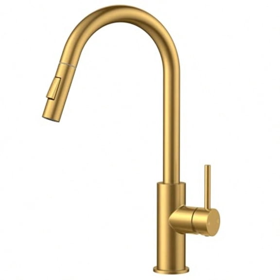 Gold Kitchen Faucet with Pull Down Sprayer Brushed Brass High Arc Gooseneck Modern Sink Faucet with CUPC Ceramic Cartridge Single Handle Stainl Steel and Deck Plate