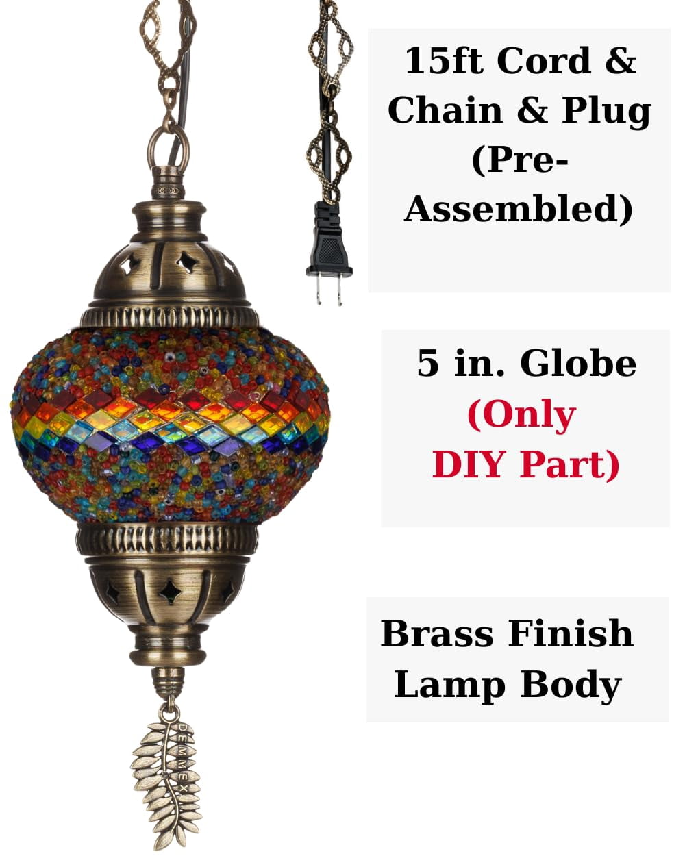 DEMMEX DIY Turkish Mosaic Plug-in Hanging Lamp Kit – NO Grout or Plaster, Beginner-Friendly – Complete Tiffany Mosaic Glass Light-Making Craft Project Kit for Adults and Teens (Colorful)