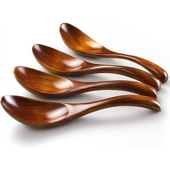 Kiibsot Soup Spoons, Wooden Spoons, 4 Pieces Japanese Style Light Weight Table Spoon Kitchen Utensil, 6.5 inches