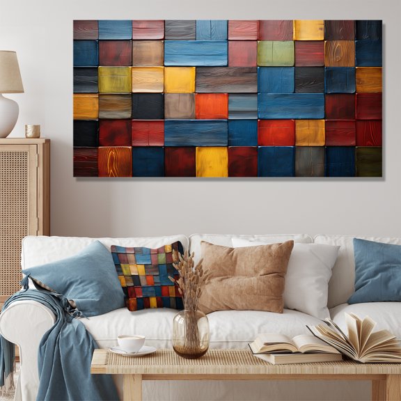 Designart "Earth Colors Tiles in Colorful Patterns V" Extra Large Geometric Wall Art - Bohemian Multicolor Boho Mosaic Bedroom Canvas Wall Art