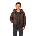 thumbnail image 2 of Heting Boys Faux Leather Motorcycle Jacket with Removable Hood Warm Fleece Lining Windproof PU Bomber Coat for Fall Winter Camel 6-7, 2 of 9