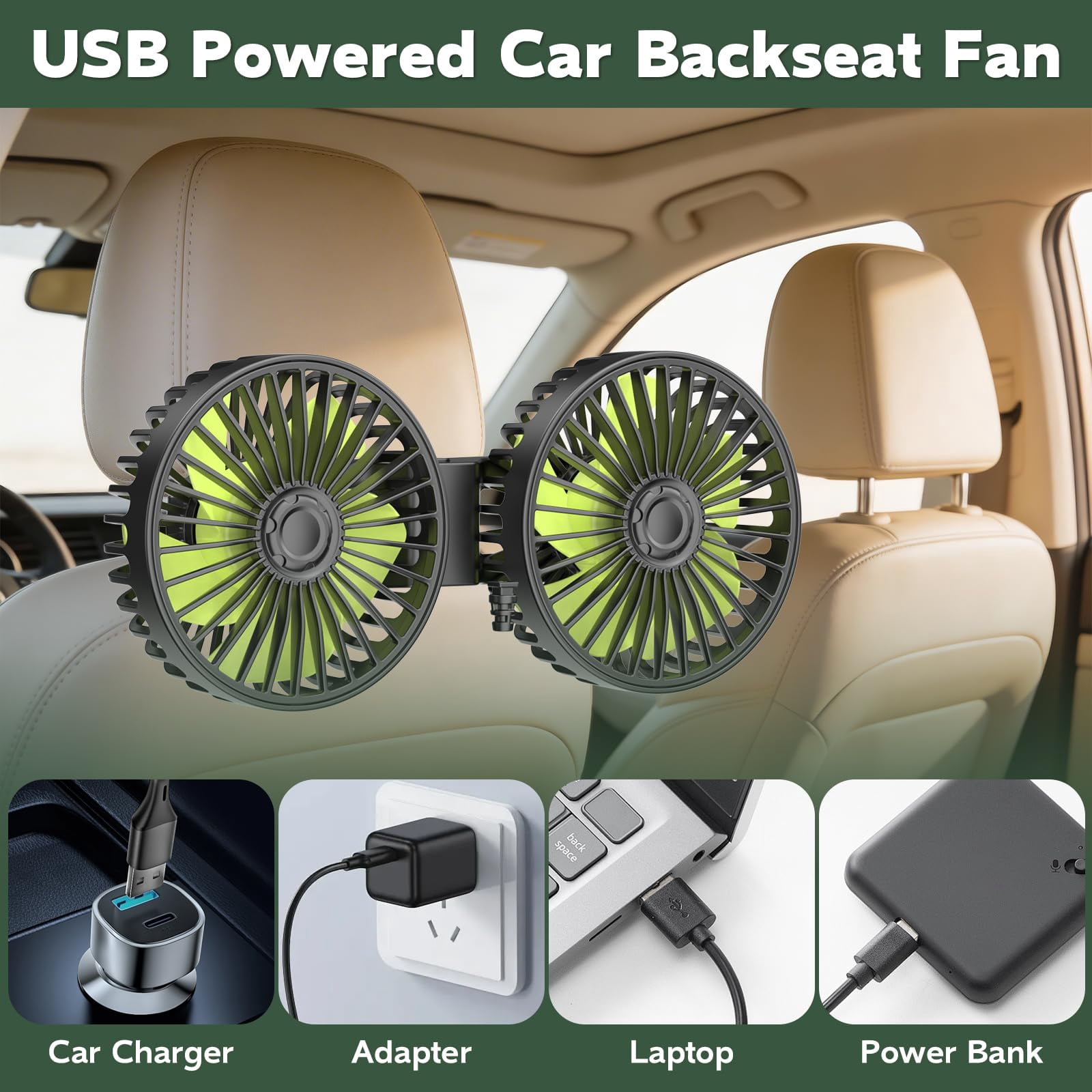 Yerloa USB Car Fans for Backseat,Dual Cooling Car Fans For Kids Baby,360° Rotatable Car Rear Headrest Fan,Powerful 3 Speeds 360° Rotatable Cooling Portable Car Seat Fan for Sedan SUV RV Truck Vehicle