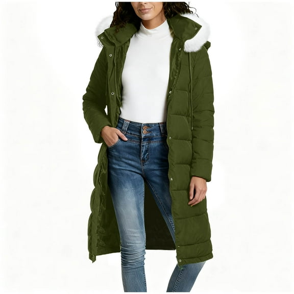 Uaswgudfs Women's Casual Winter Long Puffer Coat, Hooded Fleece-Lined Parka with Removable Faux Fur Collar & Pockets, Warm Outerwear for Cold Weather Army Green L