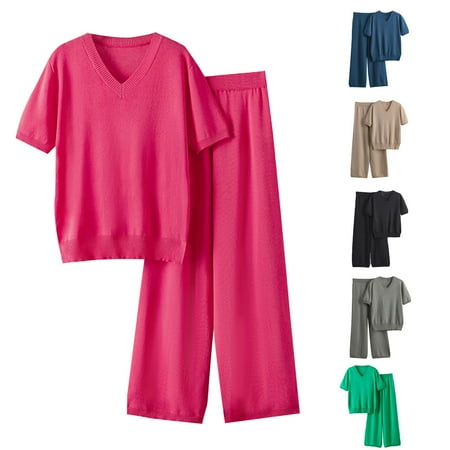 Jinhomg Pajamas Set for Women 2 Piece Comfortable Ice Silk Loungewear Casual Solid Short Sleeve V-neck Top and Wide Leg Pant Hot Pink Free Size
