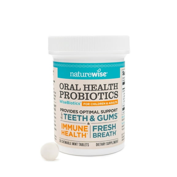NatureWise Oral Probiotics for Teeth & Gums & Fresh Breath* - Chewable Sugar-Free Mint Tablet - Dental Support for Kids & Adults w/ BLIS K12 & M18 - Non-GMO - 30 Count[30-Day Supply]