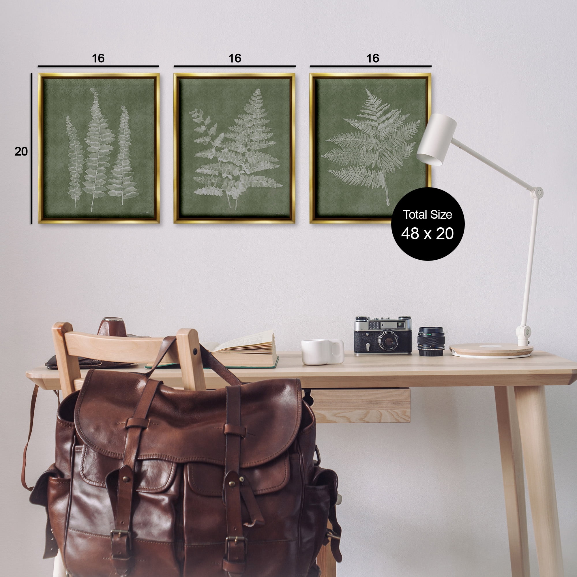 Stupell Industries Vintage Fern Silhouettes Botanical & Floral Painting Gold Floater Framed Canvas Art Print Wall Art, 17 x 21, Set of 3