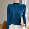 thumbnail image 5 of Women's Mock Turtleneck Sweater, Long Sleeve Embossed Design Pullover, Chunky Knit Winter Top, Solid Color Casual Jumper, Batwing Sleeve Sweater, Everyday Winter Wear Blue XL, 5 of 7