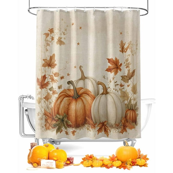 Fall Pumpkin Shower Curtain Set ，Waterproof Fabric Shower Curtains Orange Maple Leaf Watercolor Linen Texture Shower Curtains for Bathroom,Bathroom Decor 36"x78"