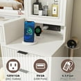 thumbnail image 6 of 55" Large Vanity Desk with Mirror & Lights, Glass Top Vanity Desk with Charging Station & Compartment Storage Drawers, Fluted Makeup Vanity Table with 9 Drawers/6 Shelves/2 Glass Cabinets, White, 6 of 9