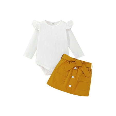 

aturustex Baby Girl Outfit Ribbed Ruffle Long Sleeve Bottom Snap Romper + Button Pocket Skirt with Belt