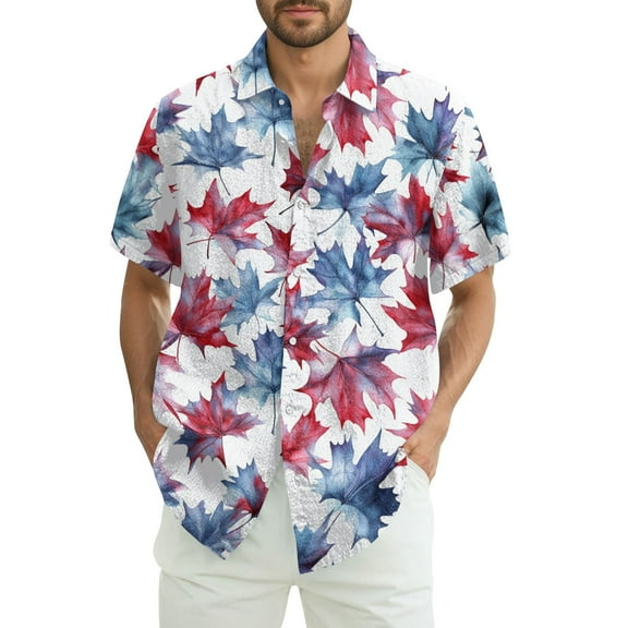 CCRFTGI Hawaiian Shirt for Men Big and Tall Beach Plain T Shirts for Man Summer Button Up Tshirt Short Sleeve Maple Leaf Print Tee,Blue M
