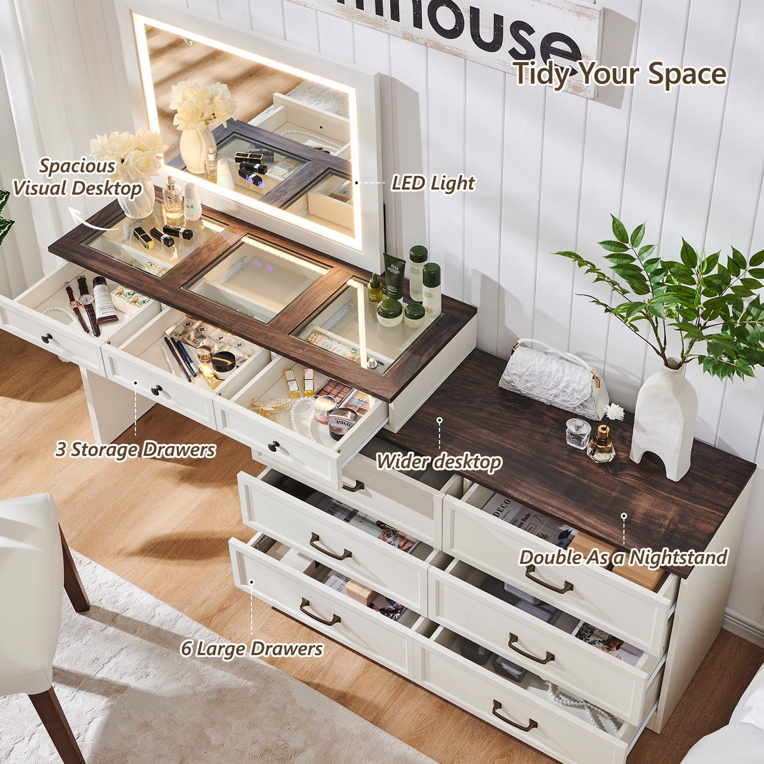 Farmhouse Vanity Desk with Glass Top, Corner Makeup Vanity Set with 30" HD Led Mirror and 3 Color Available Lights, 9 Storage Drawers, Wood Vanity Table for Bedroom