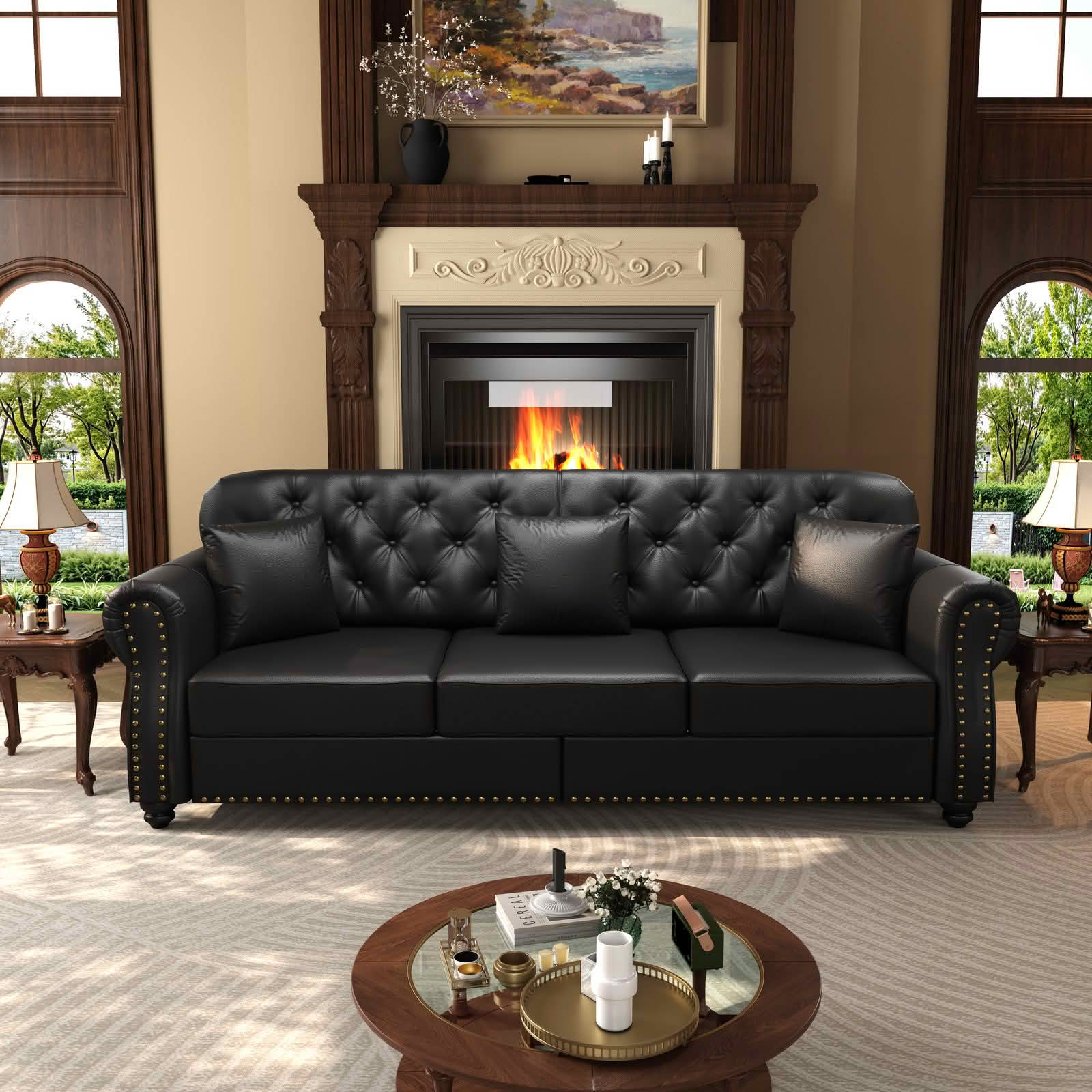 MAYEERTY Mid‑Century Modern Chesterfield Sofa Set, Faux Leather Upholstered 1+2+3 Seater Combination Couch with Button Tufted, Nailhead Trim & Rolled Armrests, Includes 6 Pillows