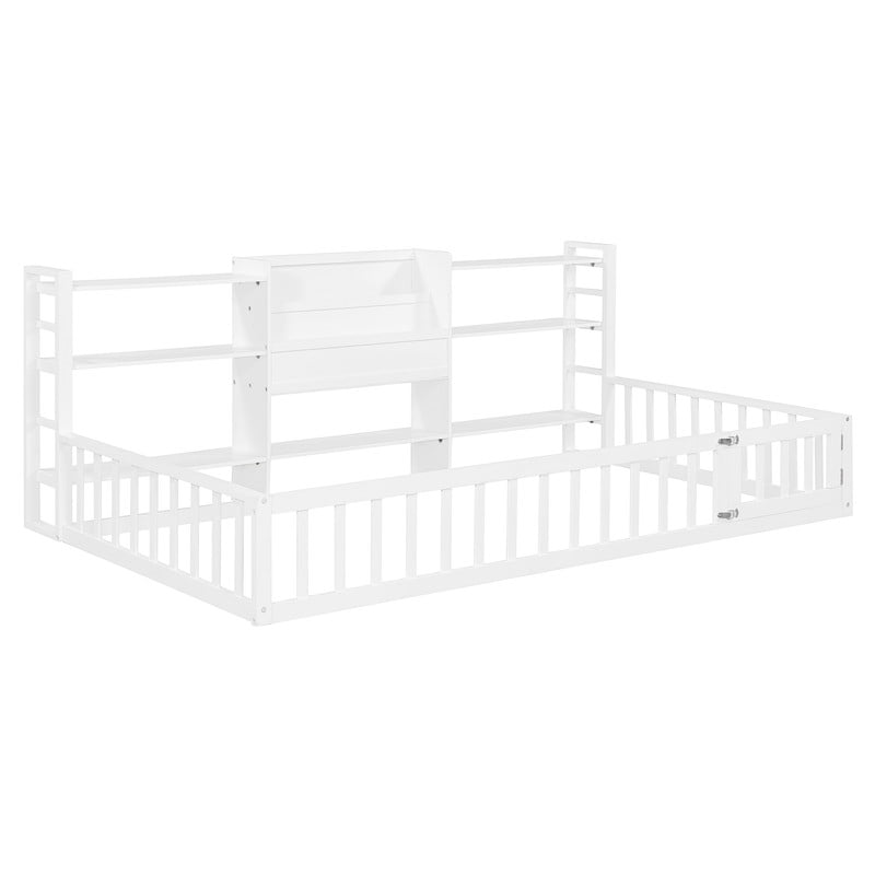 Twin Size Floor Bed with Integrated Bookcase and 3-Tier Storage Shelves, Low Profile Wood Toddler Bed Montessori Bed with Safety Guardrails for Boys Girls