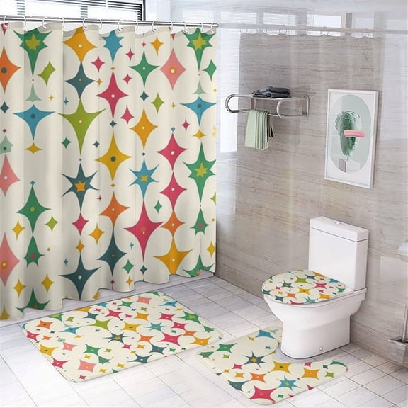 Colorful Retro Pattern with Stars And Diamonds 4 Piece Shower Curtain Sets with Non-Slip Rugs Toilet Lid Cover And Bath Mat Retro Mid Century Waterproof Shower Curtain for Bathtub Decor