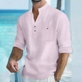 thumbnail image 2 of UVEASISHA Linen Henley Shirts for Men Roll Up Long Sleeve Button T-Shirt Stand Collar Casual Beach Shirt Solid Color Regular Fit Pullover Tops Pink L, 2 of 10