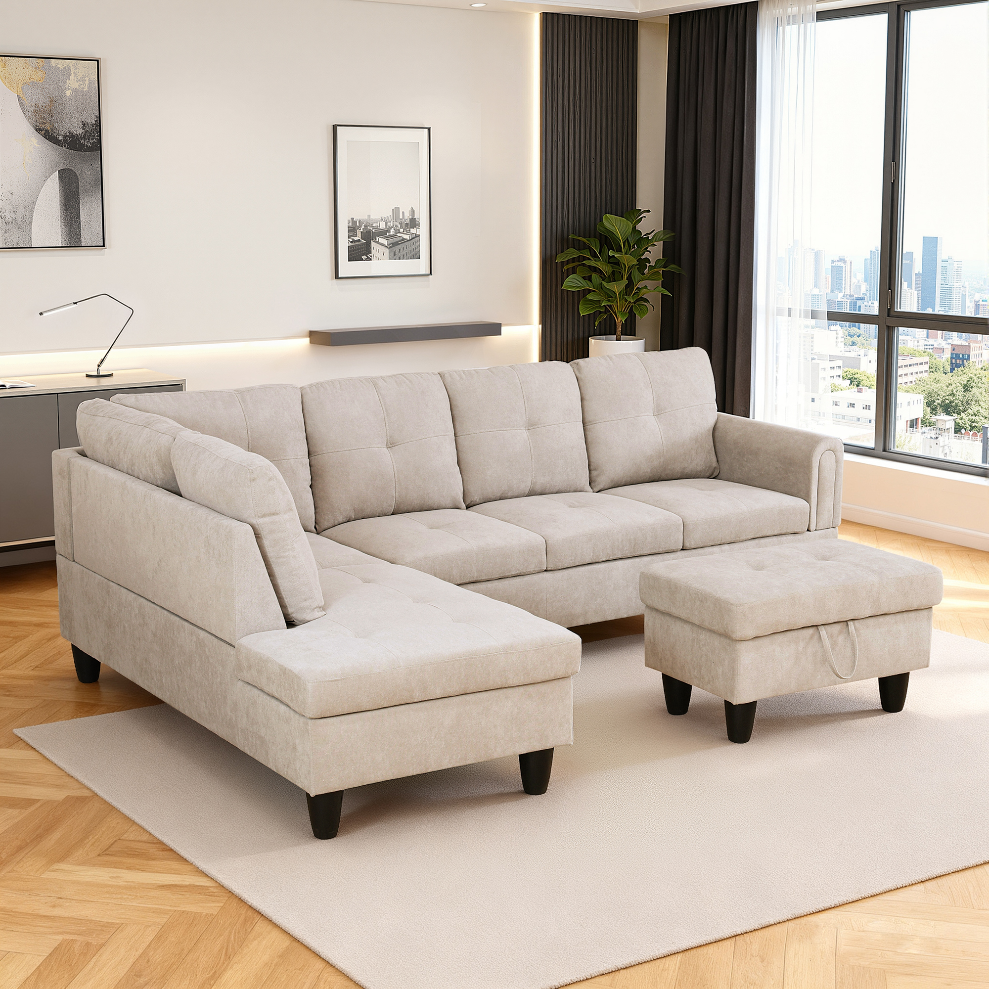 MAYEERTY 97" Modern Fluffy Fabric 3-Piece Couch Living Room Sofa Set，Light Gray