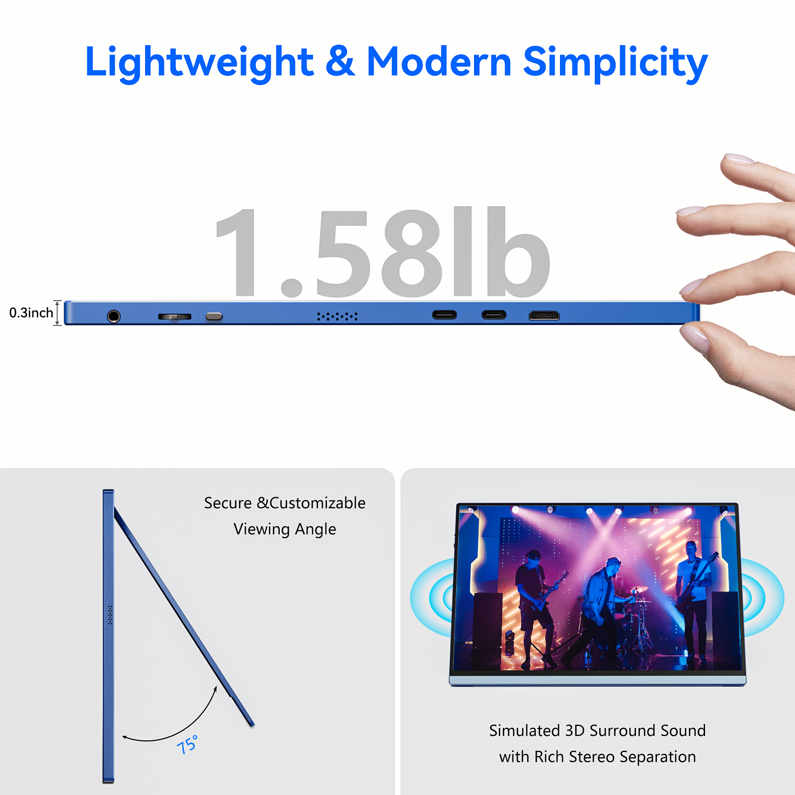 16 Inch Portable Monitor for Laptop, 1920x1200P Ultra-Slim FHD IPS 16:10 External Display, 100% sRGB Aluminum Stand, USB-C/Mini HDMI, Use for PC, Phone, Office (Blue)