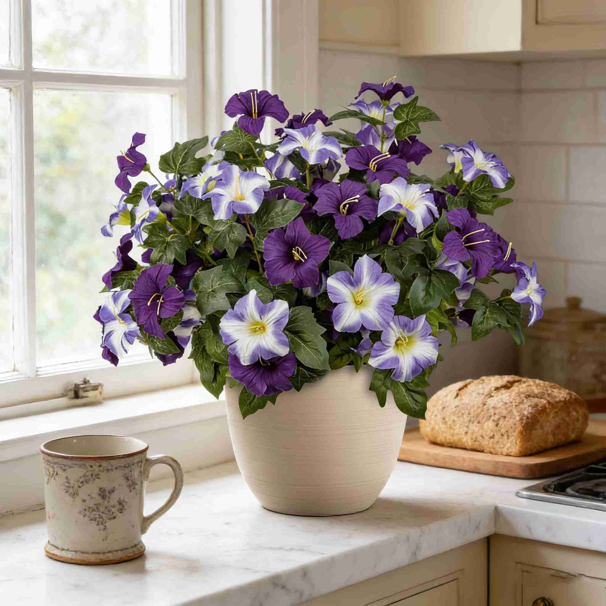 4Pcs Artificial Fake Flowers for Outdoor, 16.54" Faux Silk Petunias Spring Flowers for Indoor Porch Planter Front Door Garden Patio Window Box Home Decor(Mixed Colors)